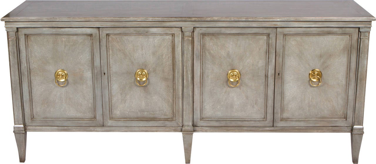Elegant Regency style sideboard, early 1960s newly refinished in a soft grey cerused. Original brass hardware.
