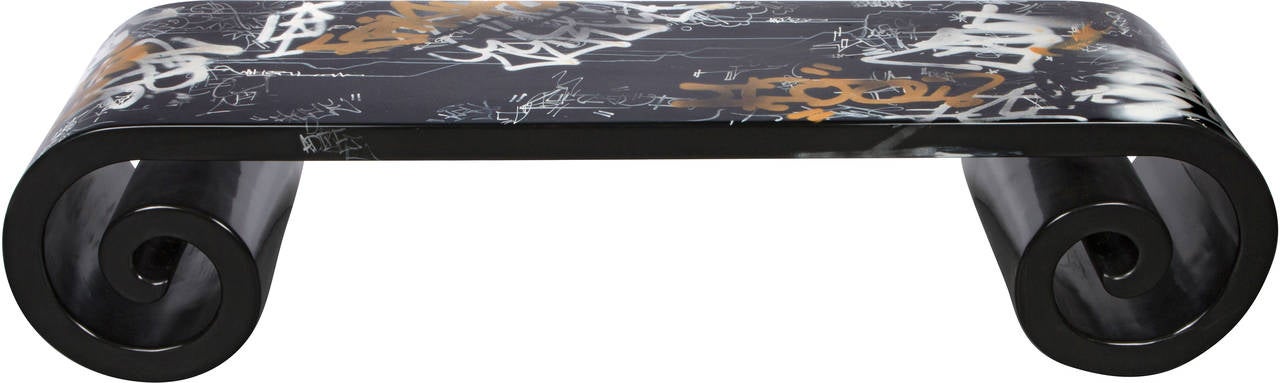 Asian scroll table, circa 1900, black lacquer with custom graffiti art work by Peter Lloyd Jones .