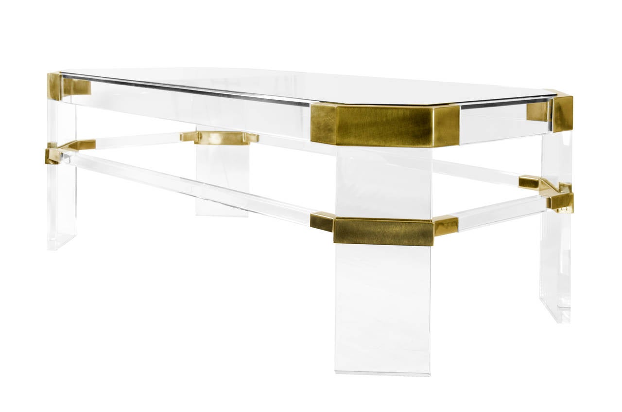 Glamorous Lucite and brass coffee table by Charles Hollis Jones, 1968. Signed and dated by artist.