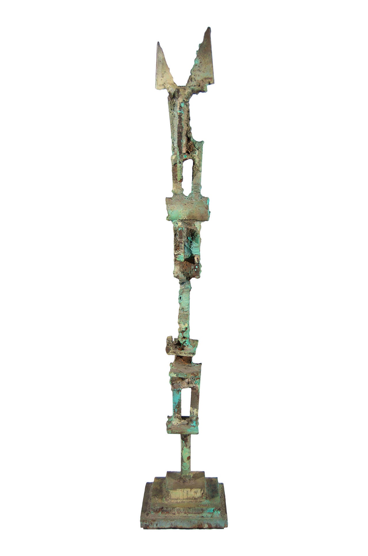 Metal sculpture in the Brutalist style with verdigris patina, signed on base 