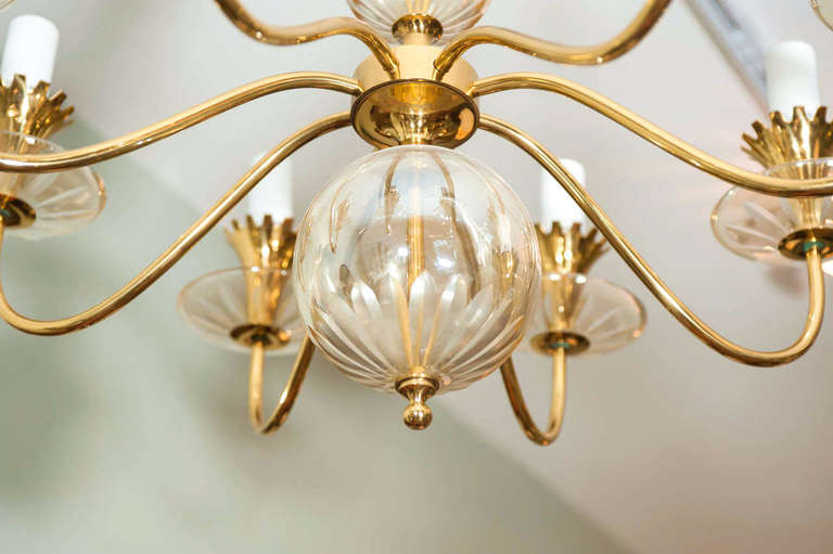 Plated Brass and Glass Chandelier Attributed to Lightolier