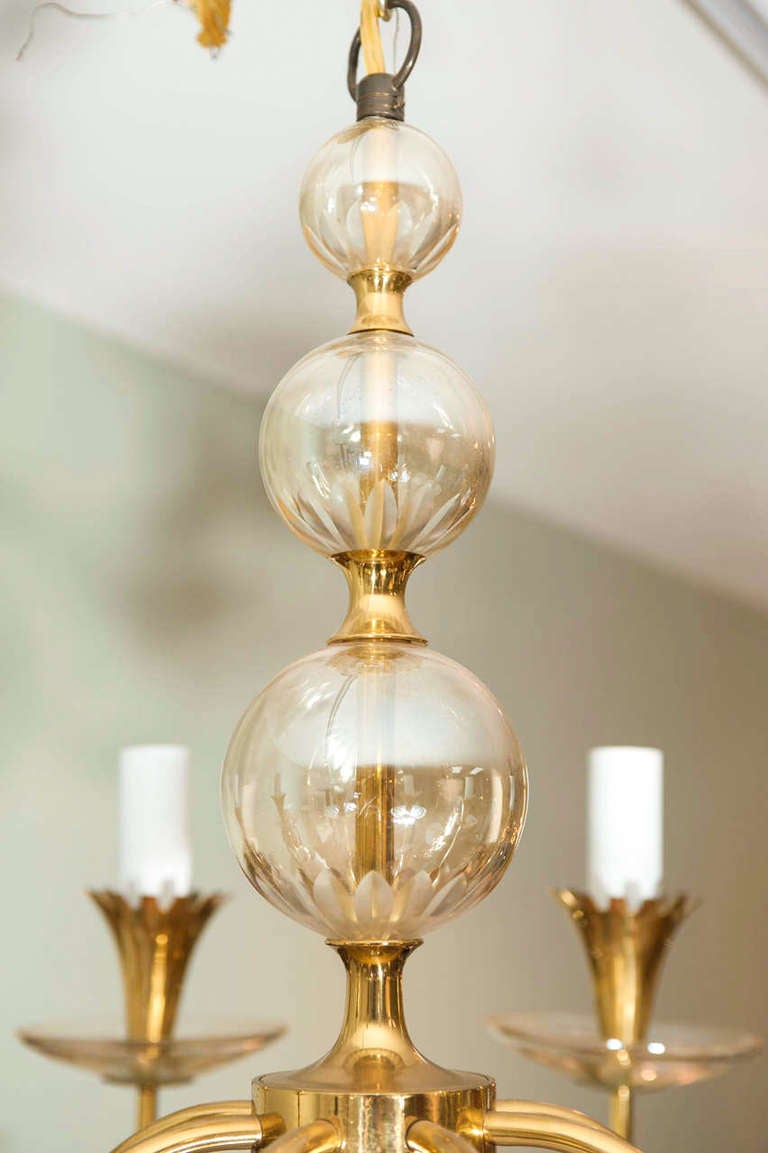 Metal Brass and Glass Chandelier Attributed to Lightolier