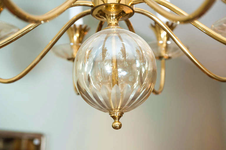 Brass and Glass Chandelier Attributed to Lightolier 1