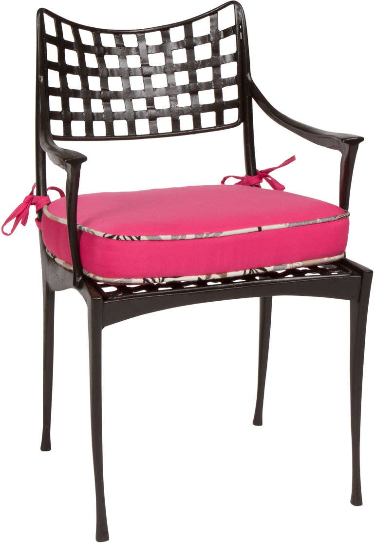 Set of six vintage cast aluminum Sol y Luna chairs by Brown Jordan, circa 1960s-1970s. This set is in mint condition with a new dark bronze powder coat finish. Bright, new, hot pink custom Sunbrella cushions with contrast piping.