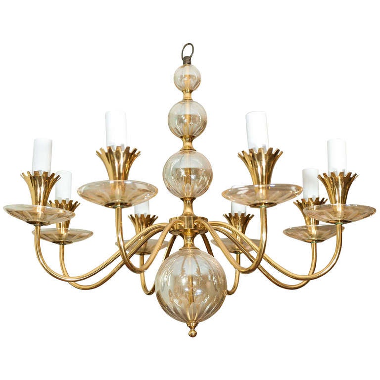 Brass and Glass Chandelier Attributed to Lightolier