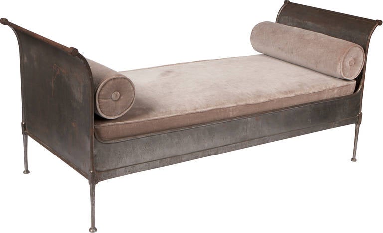 Mid-Century French iron daybed. Very good vintage condition. Custom cushion and bolsters in holly hunt linen velvet.