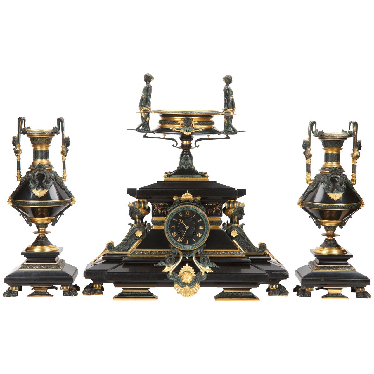 Egyptian Revival Antique Bronze Clock Garniture by Tiffany & Co c. 1880