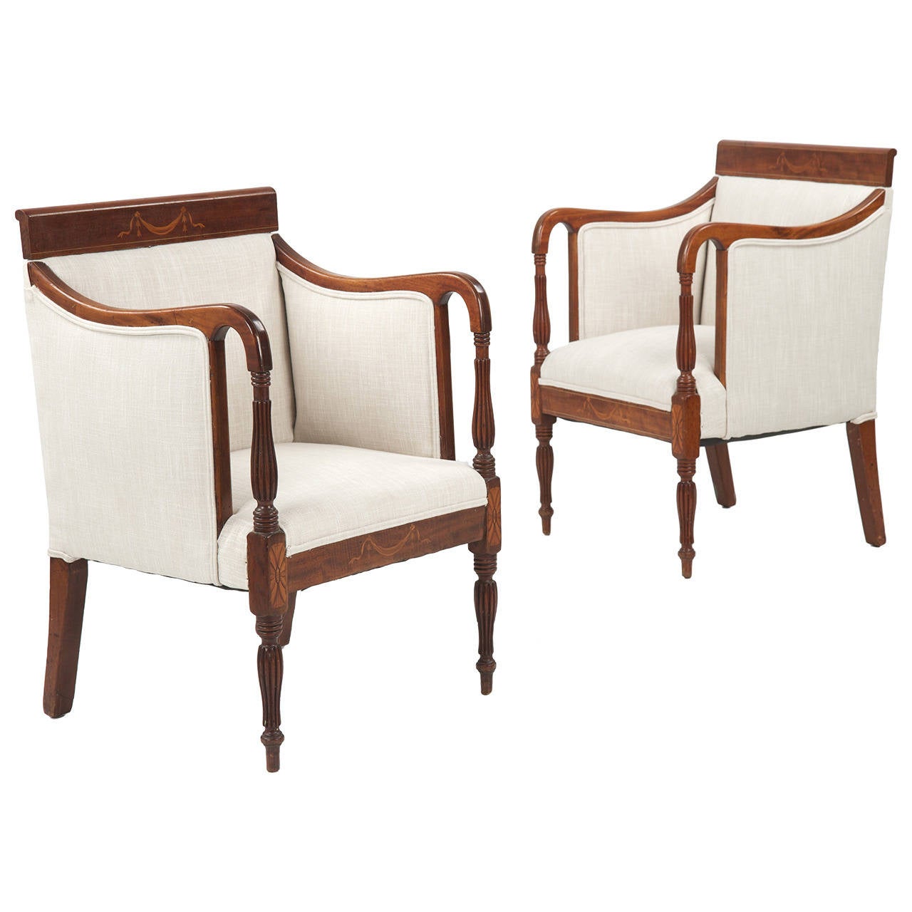19th Century Pair of Sheraton Style Mahogany Antique Arm Chairs at