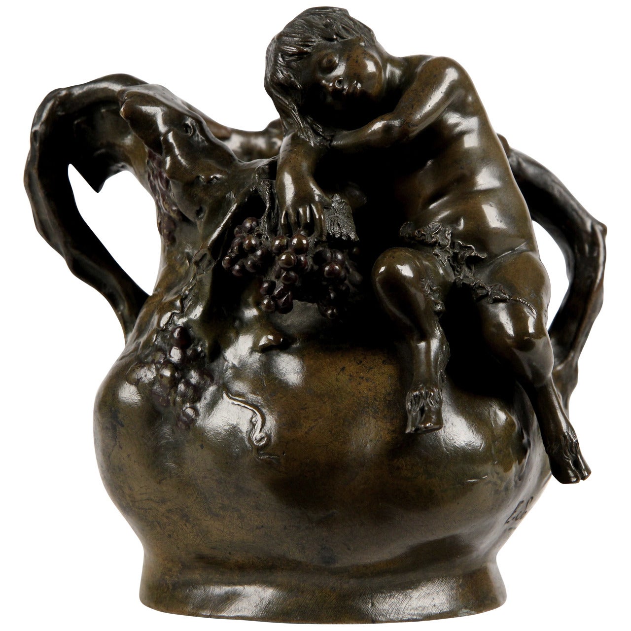 Ernest Sanglan Patinated Bronze Sculptured Vase of Satyr at Harvest