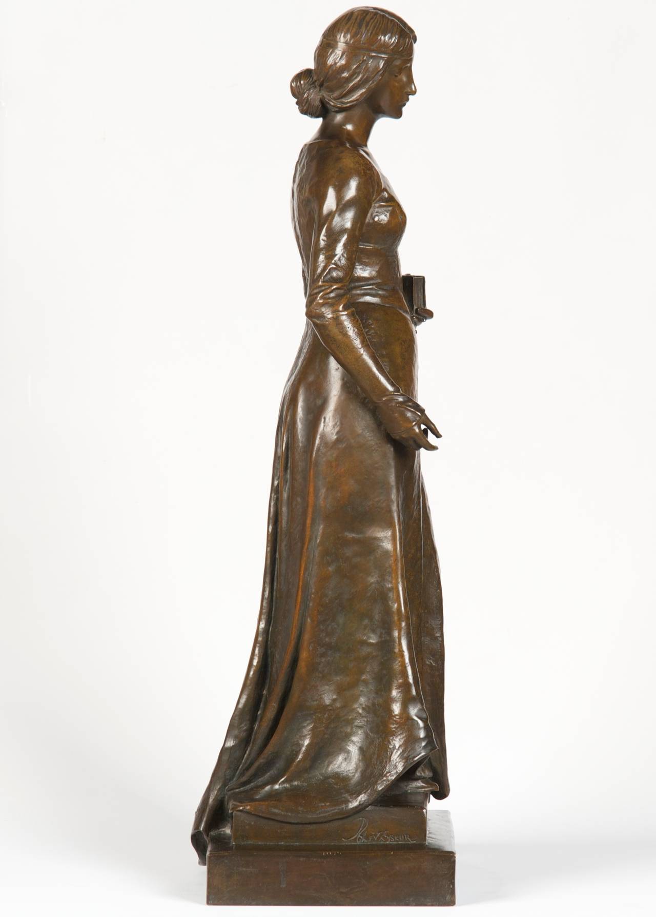 Henri Levasseur Antique French Bronze Sculpture of Maiden with Rosary, 1900