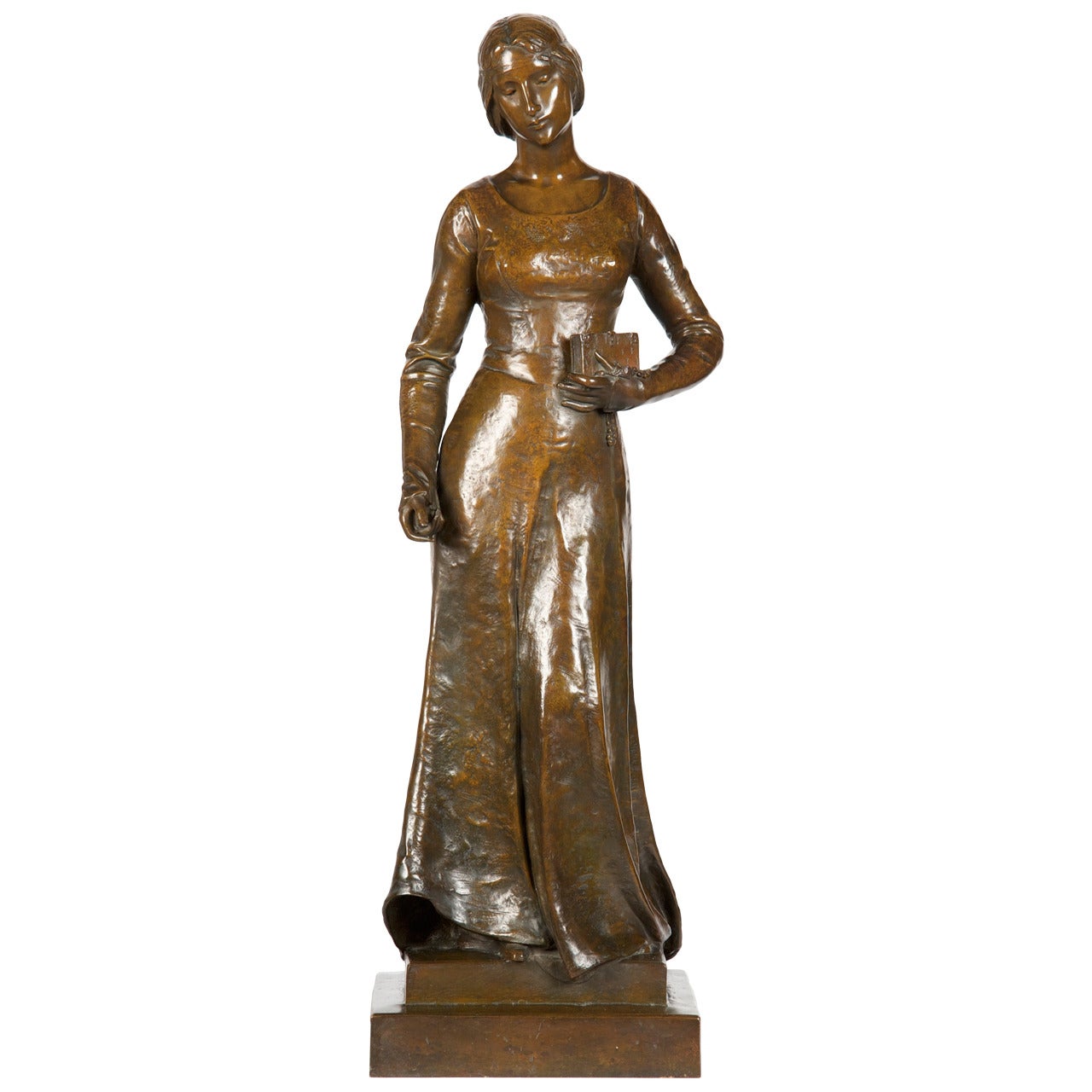 Henri Levasseur Antique French Bronze Sculpture of Maiden with Rosary, 1900