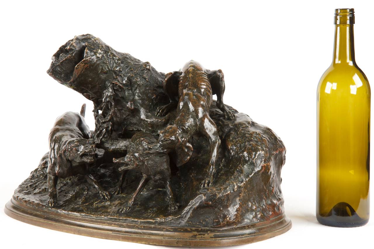 Authentic 19th Century Bronze Sculpture of Hounds with Fox by Pierre Jules Mené In Excellent Condition In Shippensburg, PA