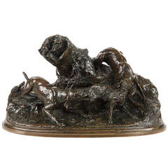 Authentic 19th Century Bronze Sculpture of Hounds with Fox by Pierre Jules Mené