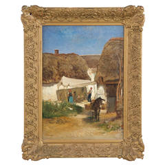 German Antique Oil Painting of Rural Village by Albert Brendel, 19th Century