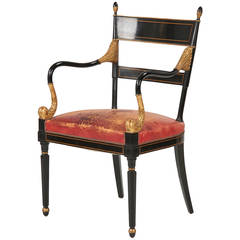 Regency Style Lacquered and Parcel Gilt Leather Arm Chair, 20th Century