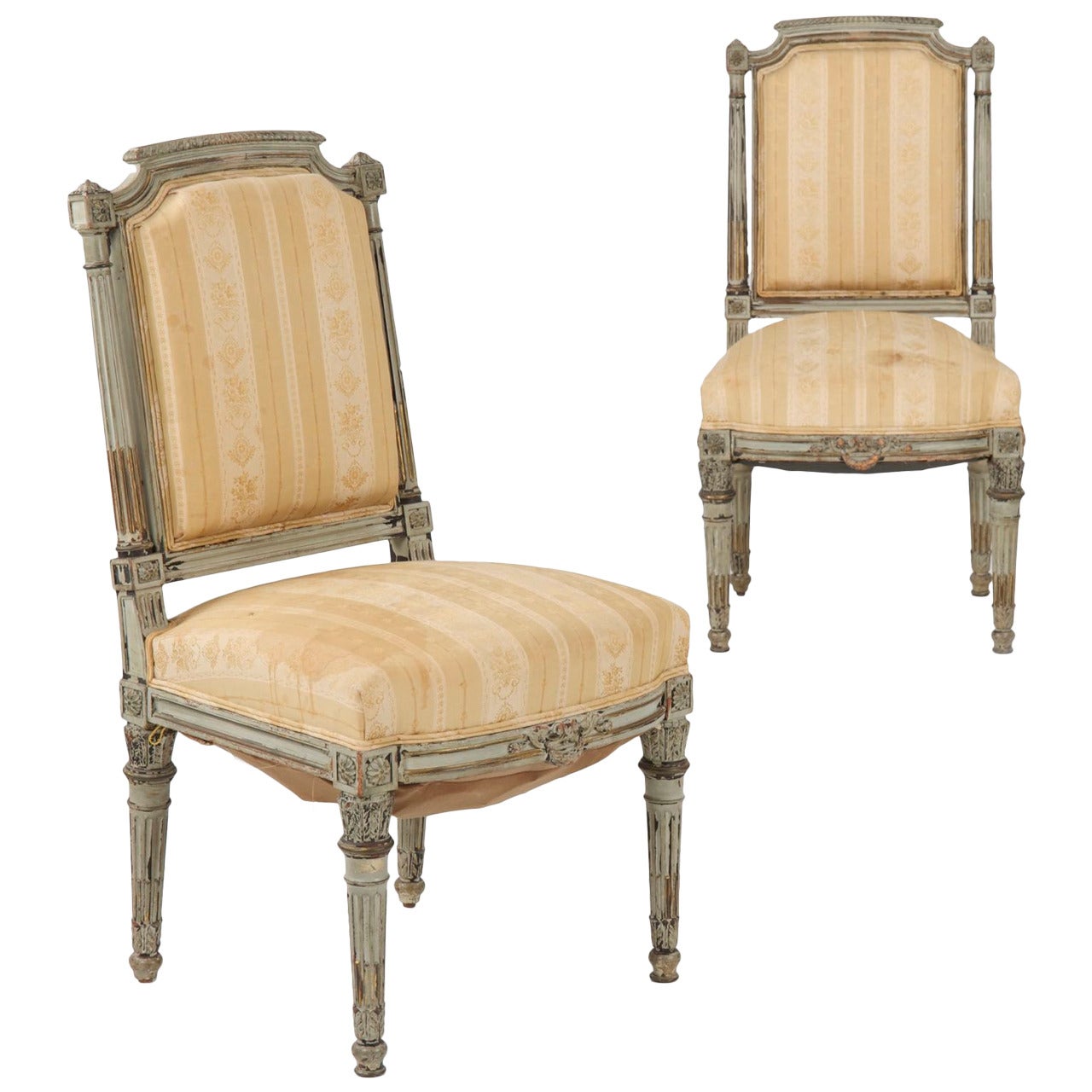 Pair of Antique French Louis XVI Style Gray Painted Side Chairs, 19th Century