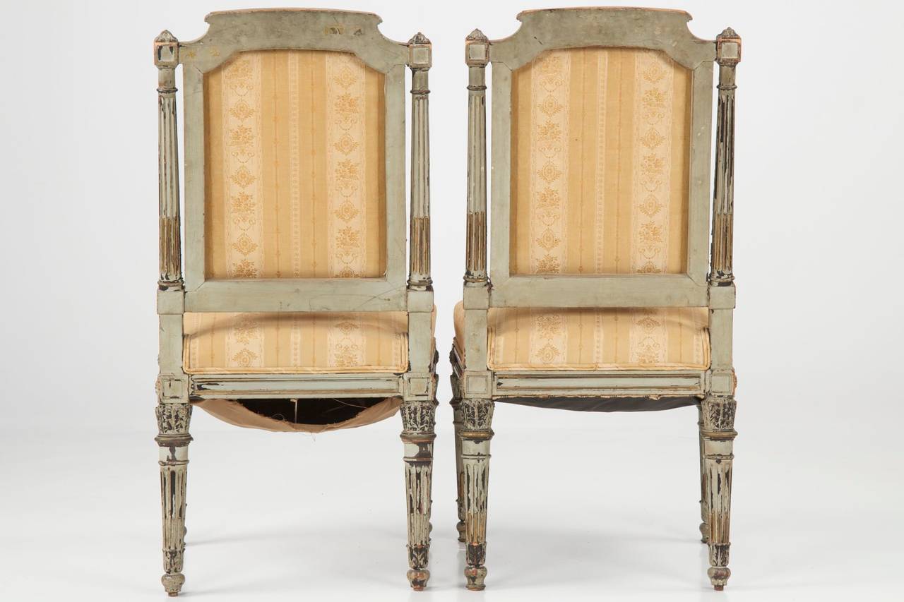 Beech Pair of Antique French Louis XVI Style Gray Painted Side Chairs, 19th Century