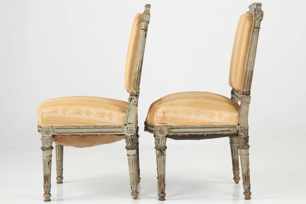 Pair of Antique French Louis XVI Style Gray Painted Side Chairs, 19th Century 1