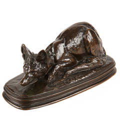 Antique Emmanuel Fremiet Bronze Sculpture of Resting Fox, "Renard d'Egypte"
