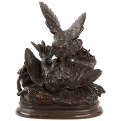Jules Moigniez Antique Bronze Sculpture Model of Fighting Sparrows Birds