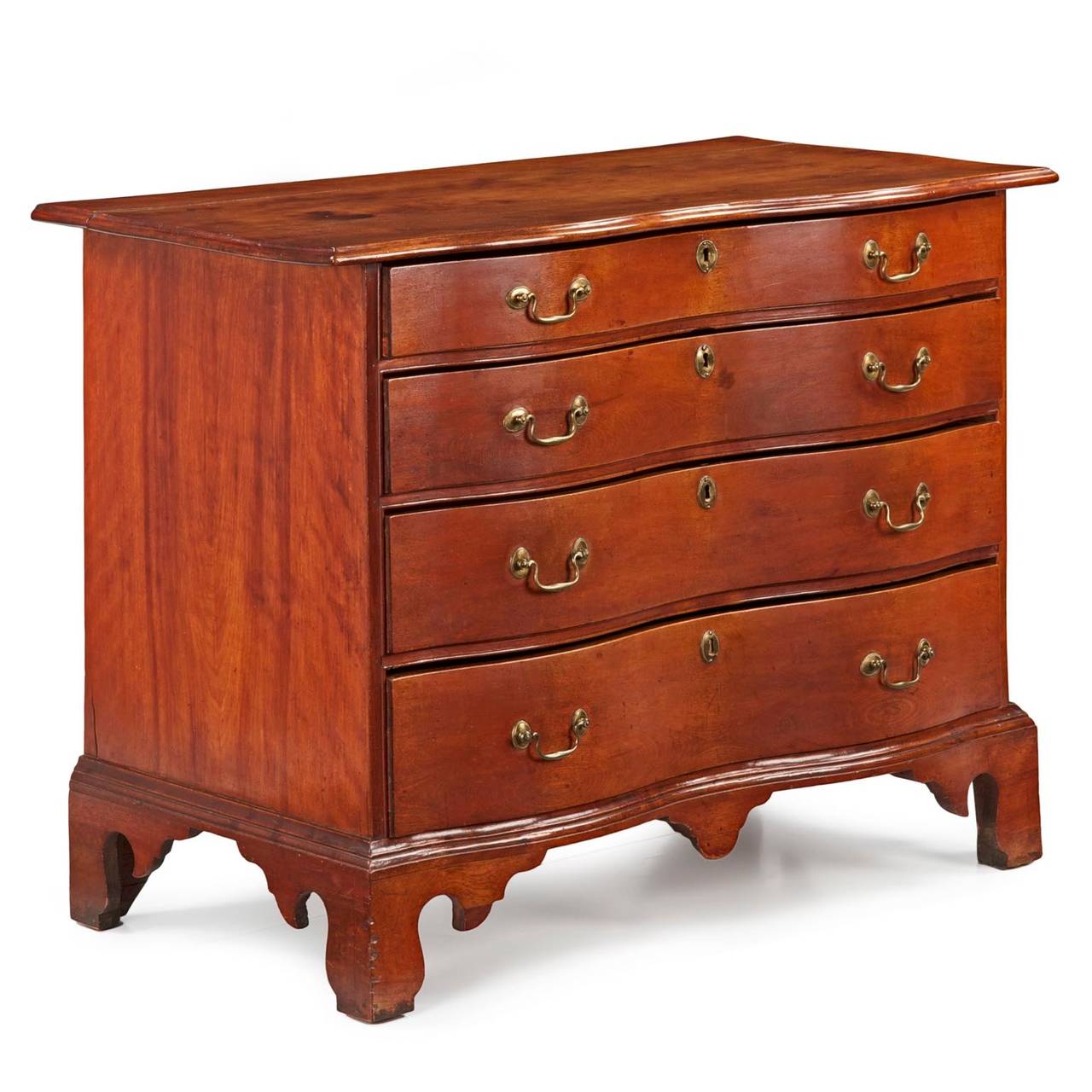 A rather striking chest of drawers, the oxbow is a particularly difficult form to master and added significant cost for clients requesting this kind of case during the period.  The top projects with a distinct boldness over the sides and front of