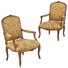 Fine Pair of French Louis XV Style Polychrome Fauteuil Arm Chairs, 19th Century
