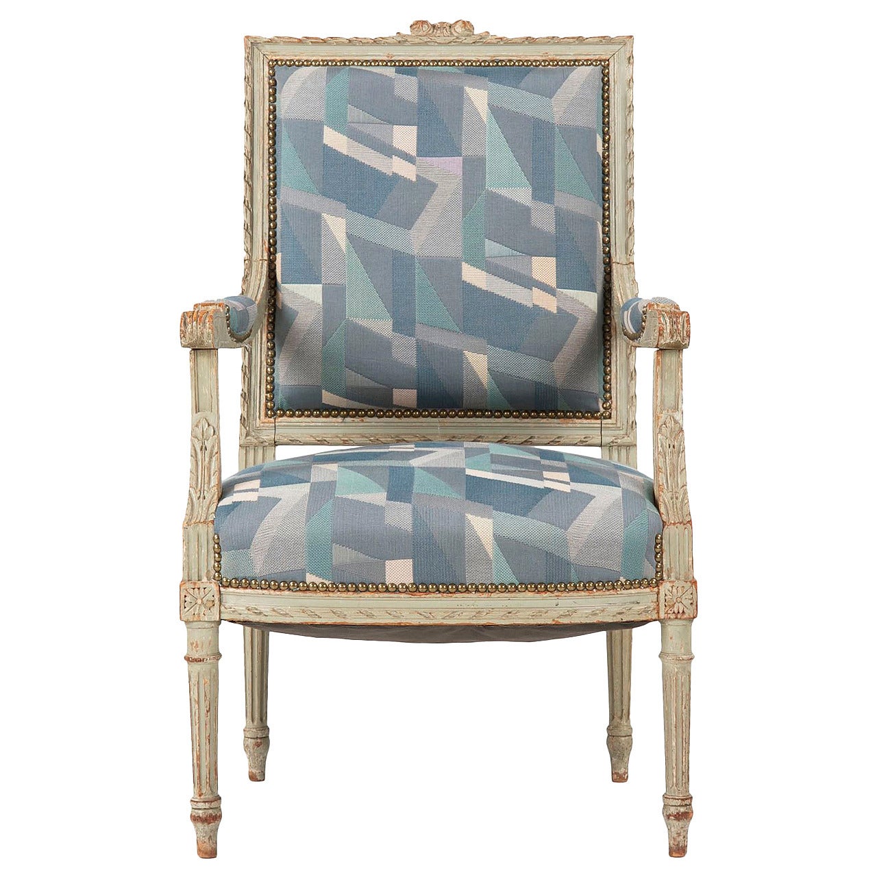 19th Century French Louis XVI Gray Painted Antique Fauteuil Armchair