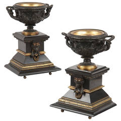 Antique Pair of Napoleon III Bronze and Slate Urn Garnitures, 19th Century