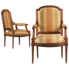 Pair of French Louis XVI Style Antique Walnut Armchair Fauteuils, 19th Century