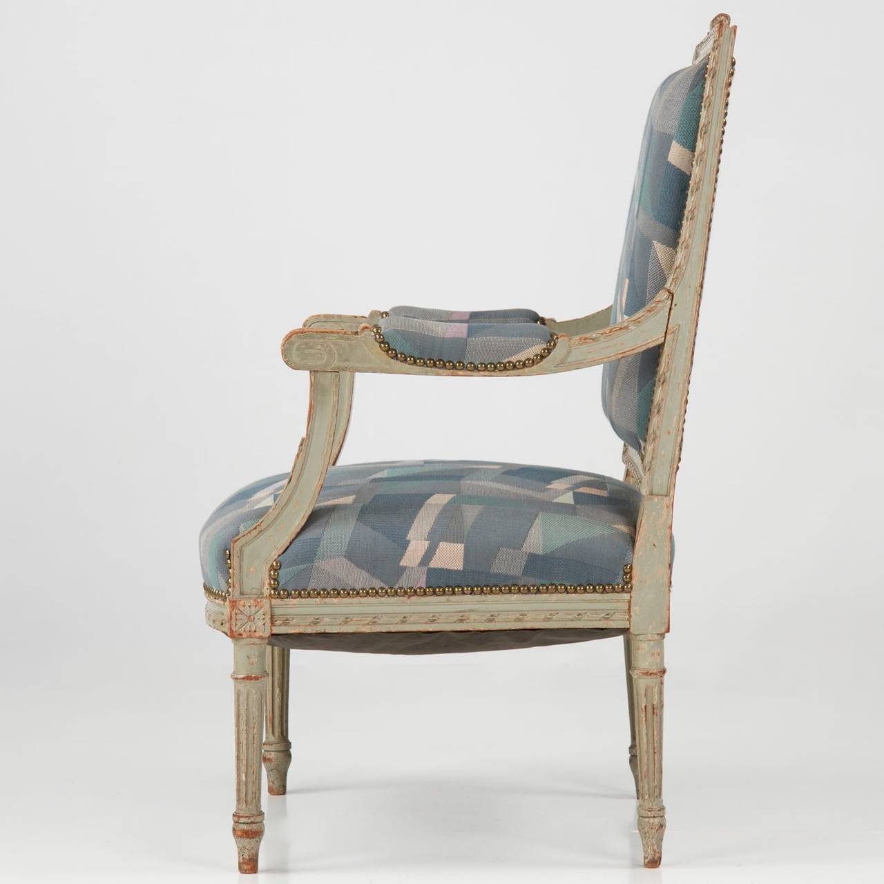 19th Century French Louis XVI Gray Painted Antique Fauteuil Armchair In Distressed Condition In Shippensburg, PA