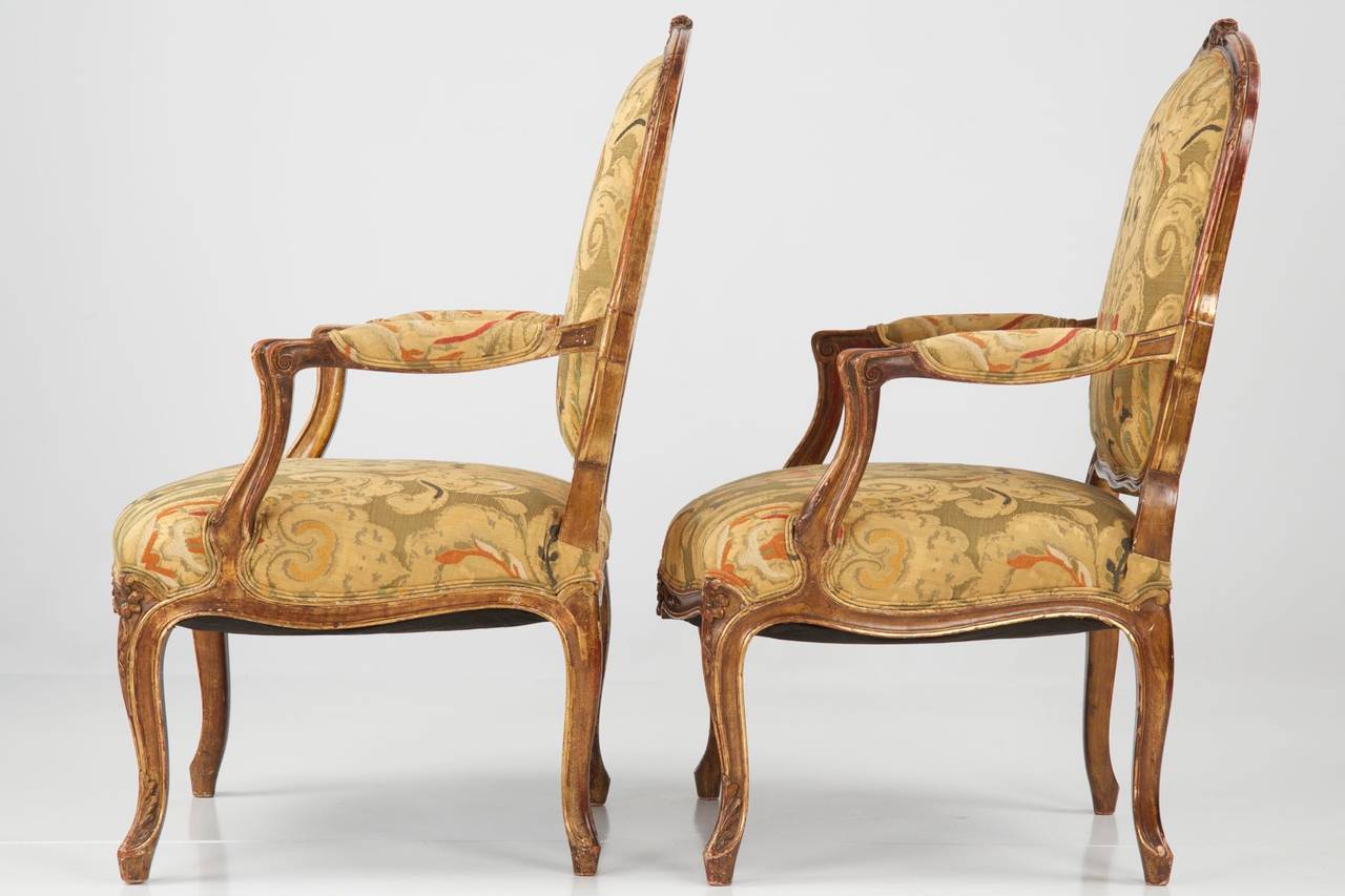 Fine Pair of French Louis XV Style Polychrome Fauteuil Arm Chairs, 19th Century 2