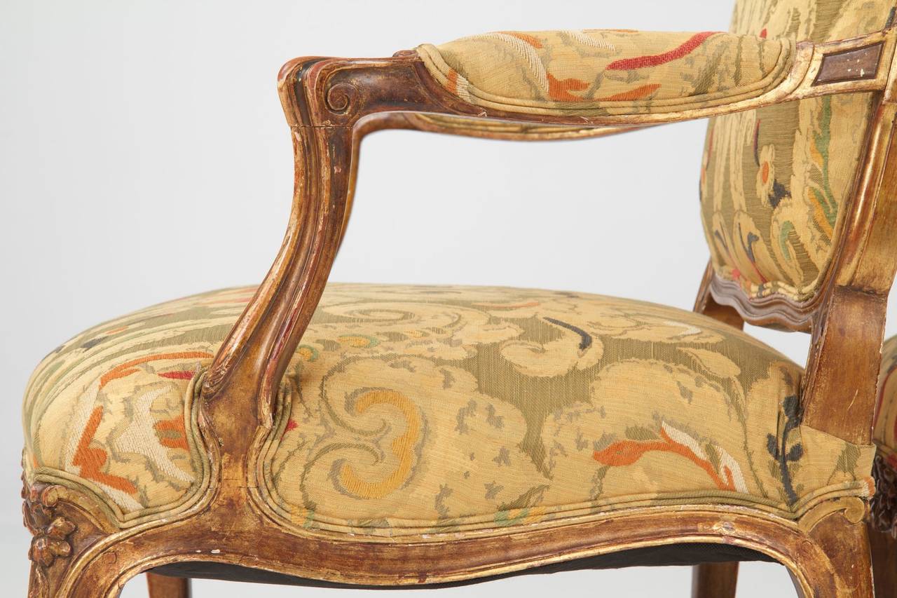 Fine Pair of French Louis XV Style Polychrome Fauteuil Arm Chairs, 19th Century 3