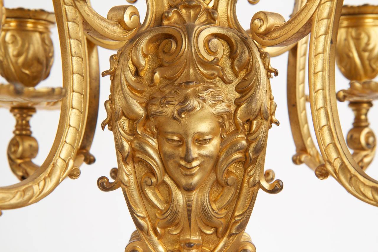 Louis XV Finest Quality Pair of French Gilt Bronze Six-Light Antique Candelabra