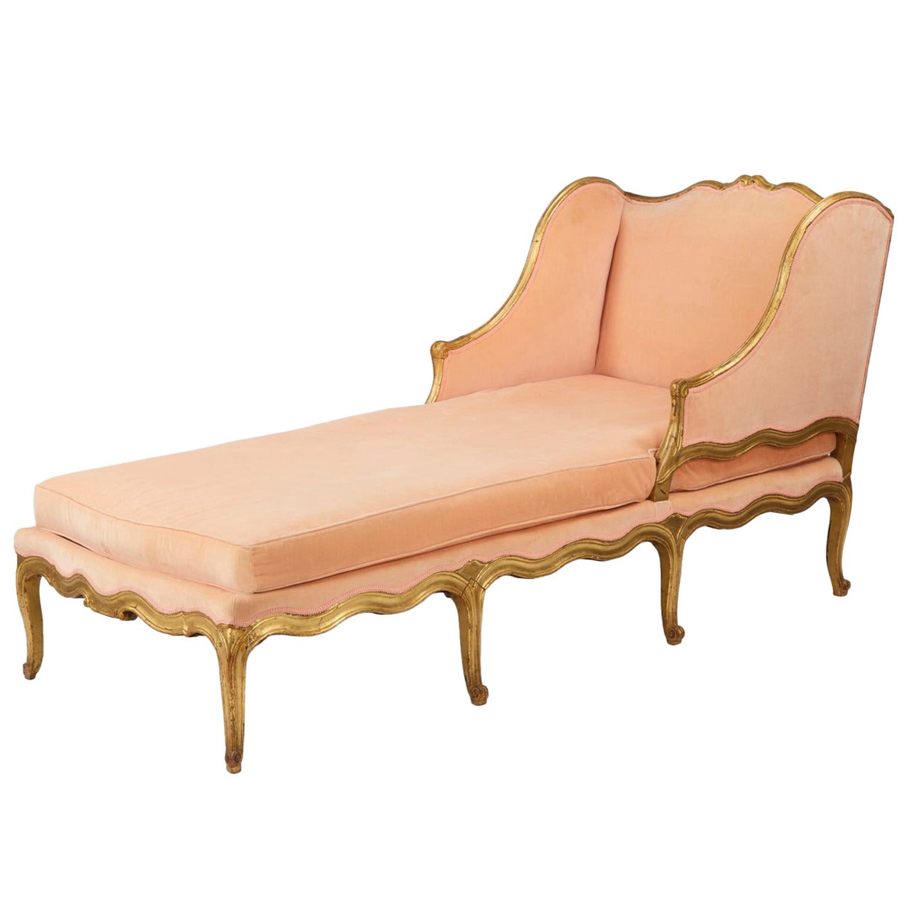 French Louis XV Style Giltwood Antique Chaise Longue Lounge Settee, 19th Century