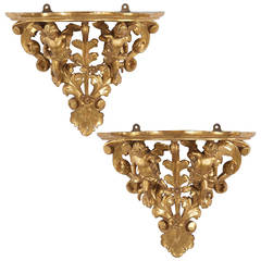 Pair of Italian Carved Giltwood Antique Wall Shelves, 19th Century