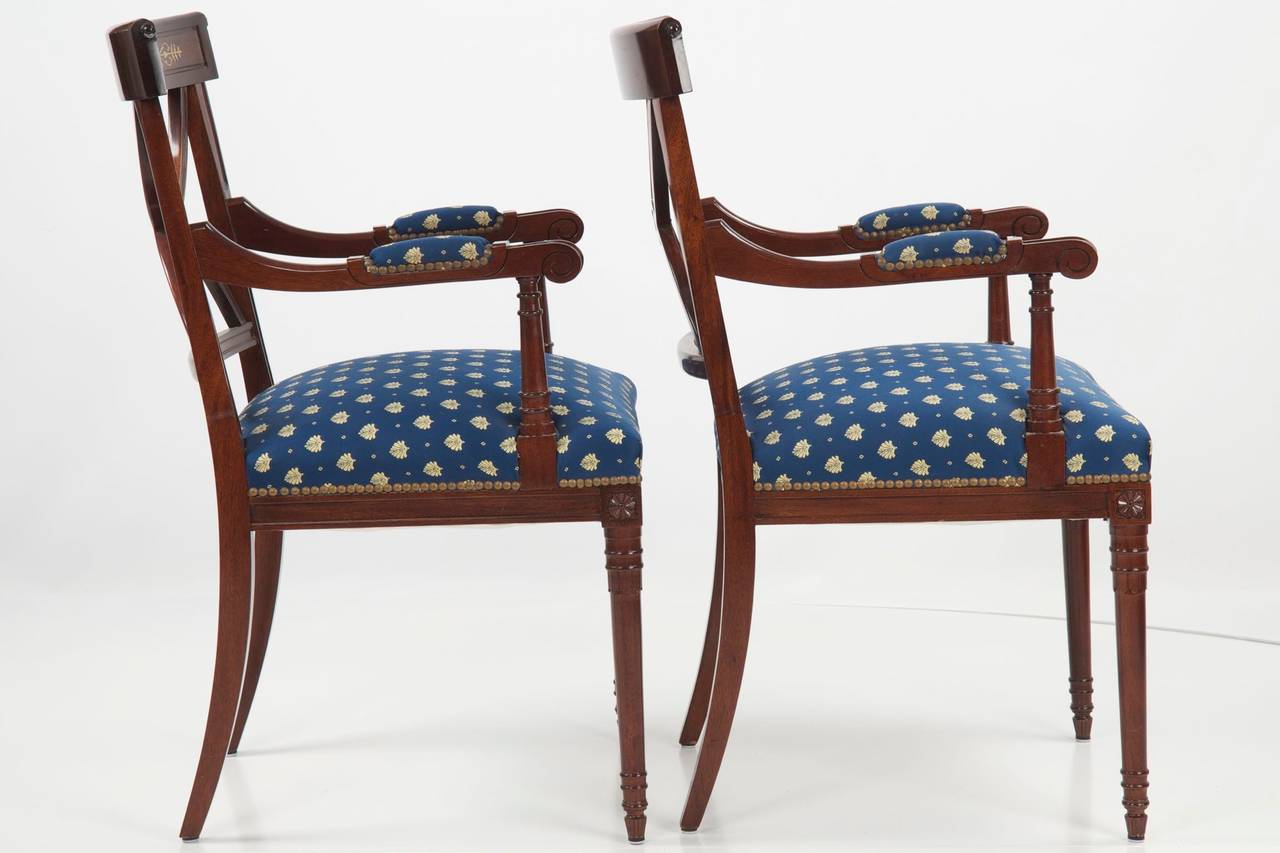 Inlay Set of Ten Regency Style Brass Inlaid Mahogany Dining Chairs, 20th Century