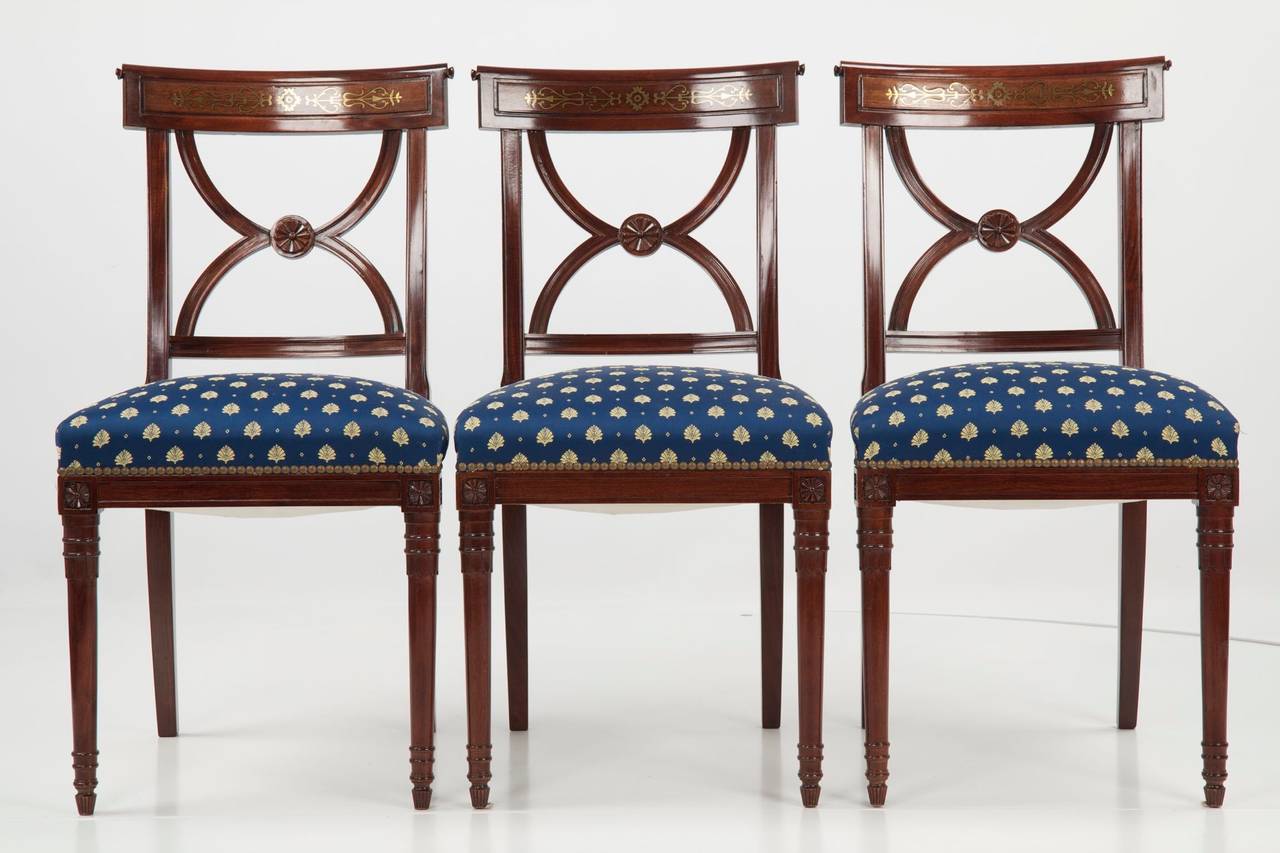 Set of Ten Regency Style Brass Inlaid Mahogany Dining Chairs, 20th Century 1