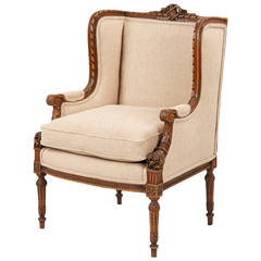 French Carved Mahogany Antique Wingback Armchair, 19th Century