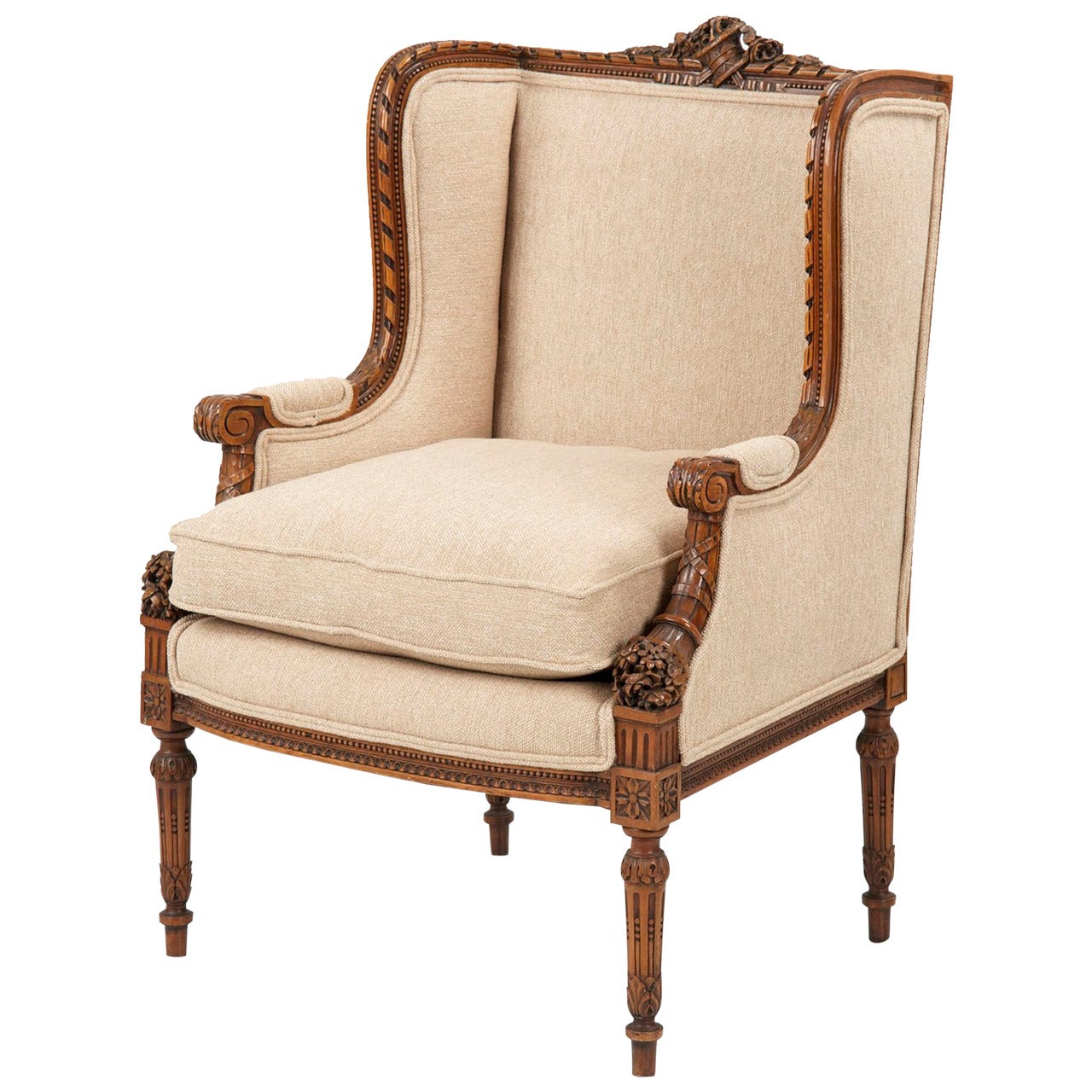 French Carved Mahogany Antique Wingback Armchair, 19th Century