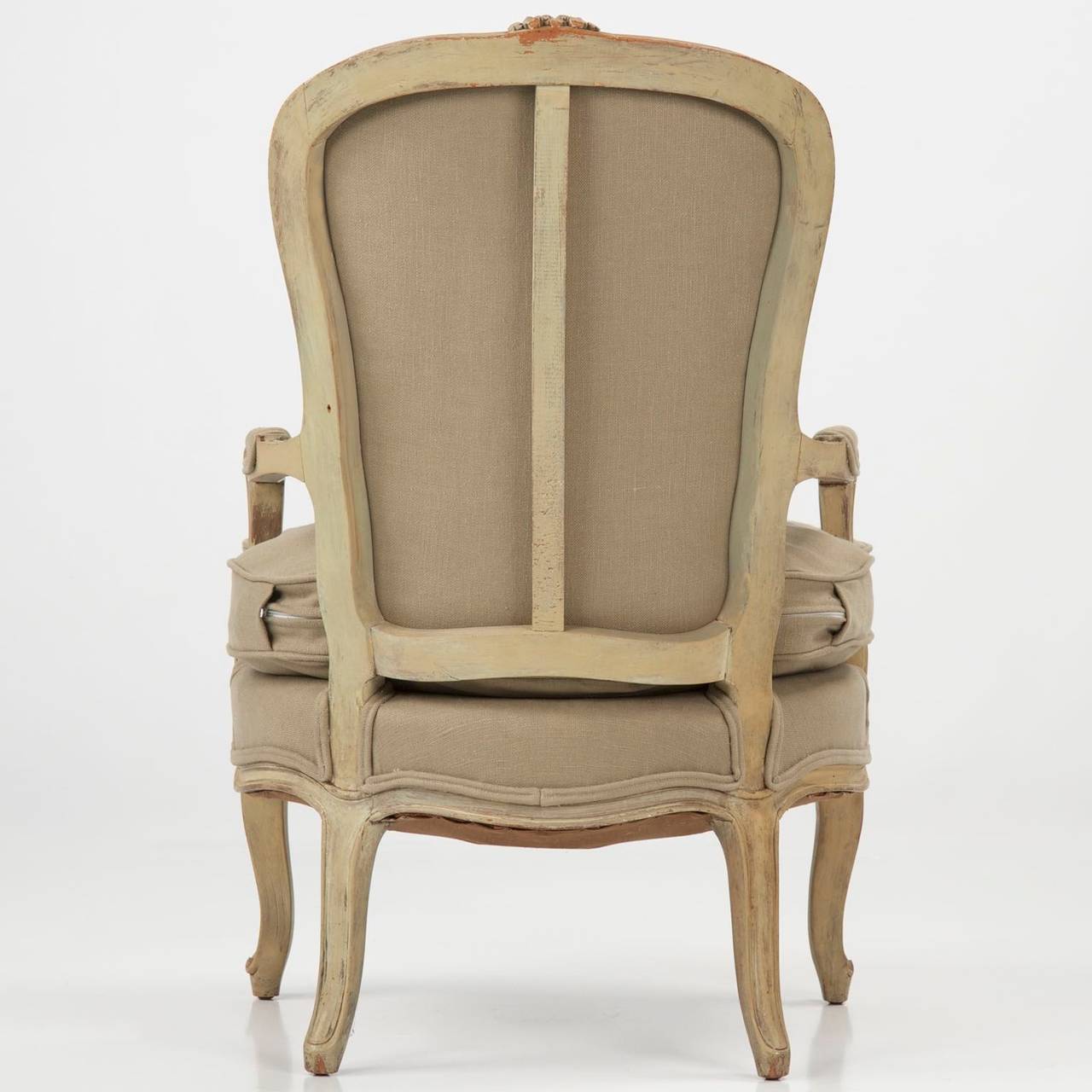 Linen French Louis XV Style Antique Painted Armchair Fauteuil, 19th Century
