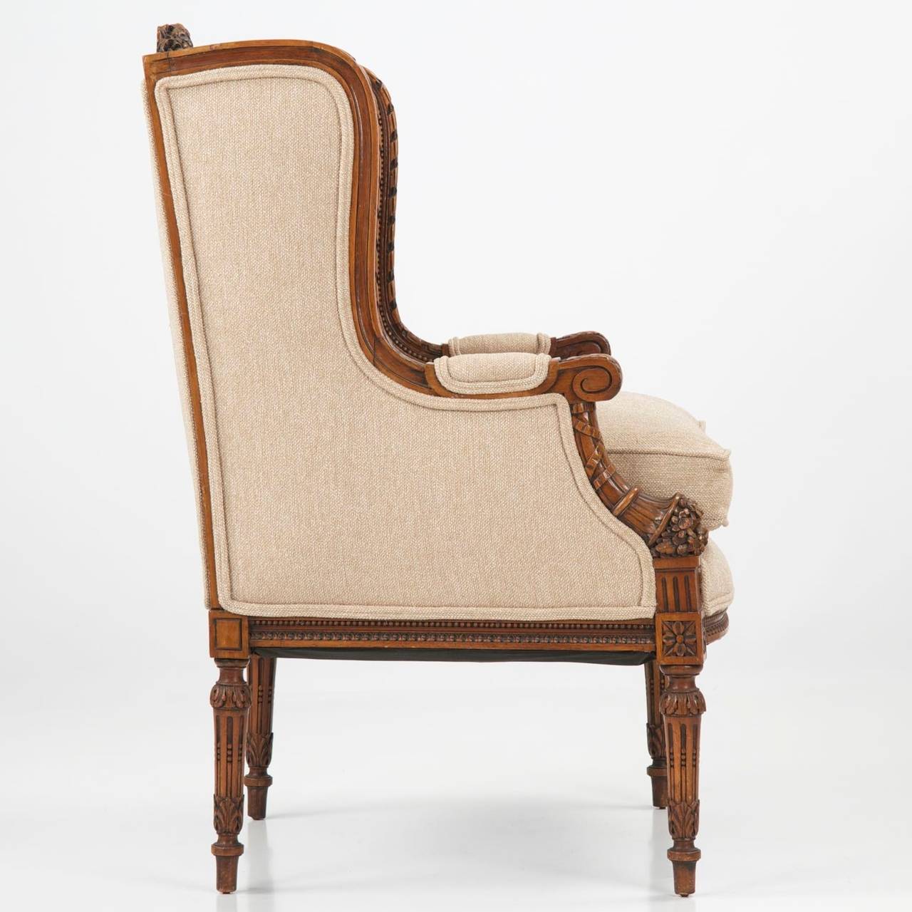 Louis XVI French Carved Mahogany Antique Wingback Armchair, 19th Century