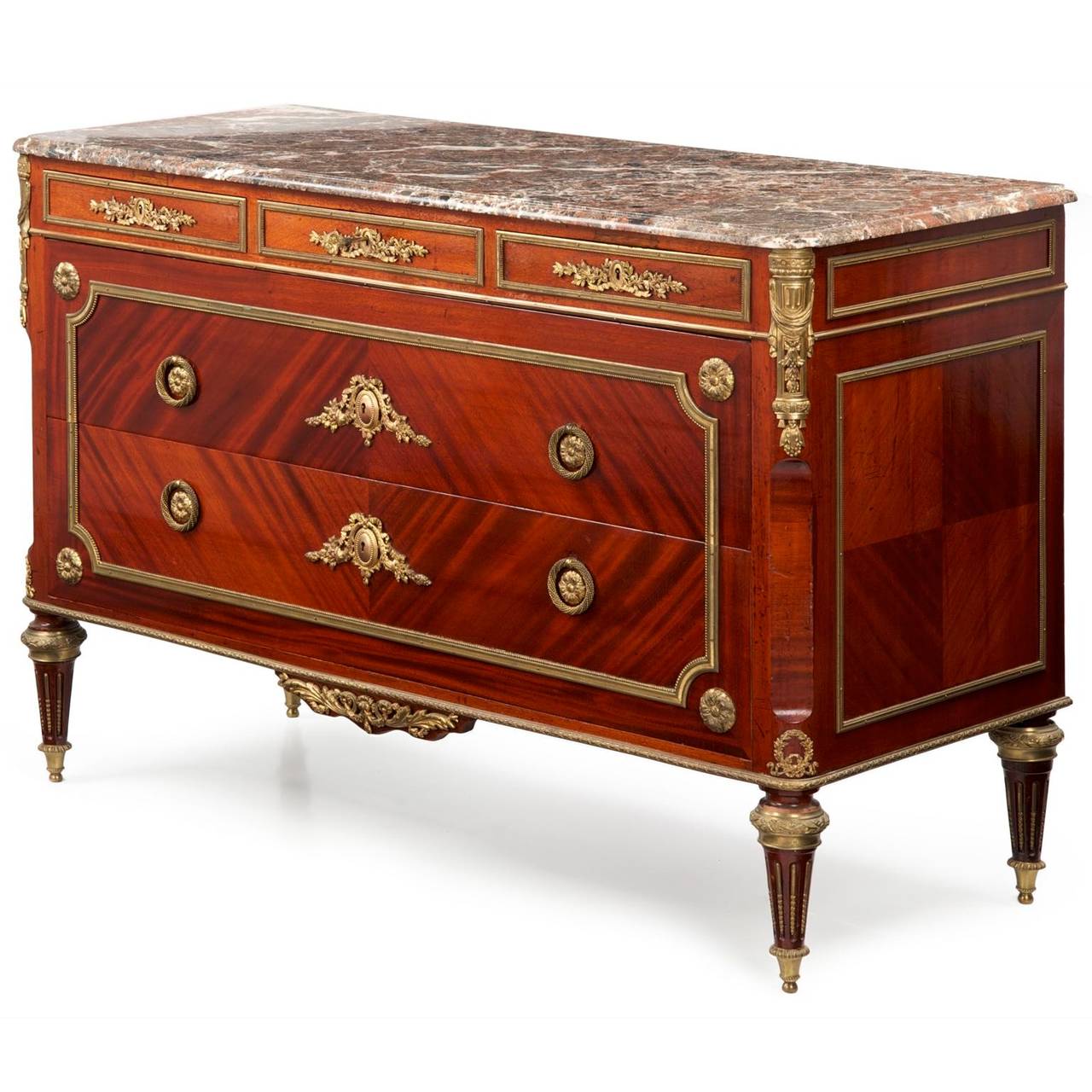 French Louis XVI Style Bronze Doré Mahogany Antique Commode Chest of Drawers