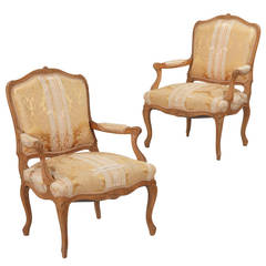 Pair of French Louis XV Style Antique Beechwood Fauteuils, 19th Century