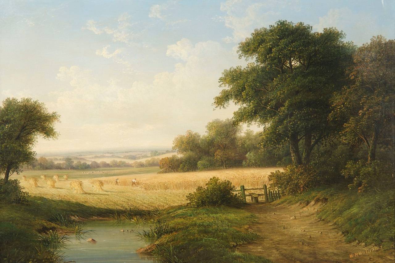 This is an incredibly attractive pair of works by Walter Heath Williams of London.  Born in 1836, Walter Heath Williams developed a rather distinctive style and space for his genre landscape paintings over the course of his career.  He exhibited at