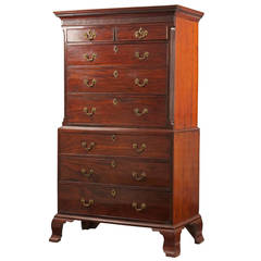 English Chippendale Mahogany Antique Chest on Chest of Drawers, circa 1780