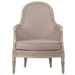 French Louis XVI Style Gray Painted Antique Bergere Armchair, 19th Century