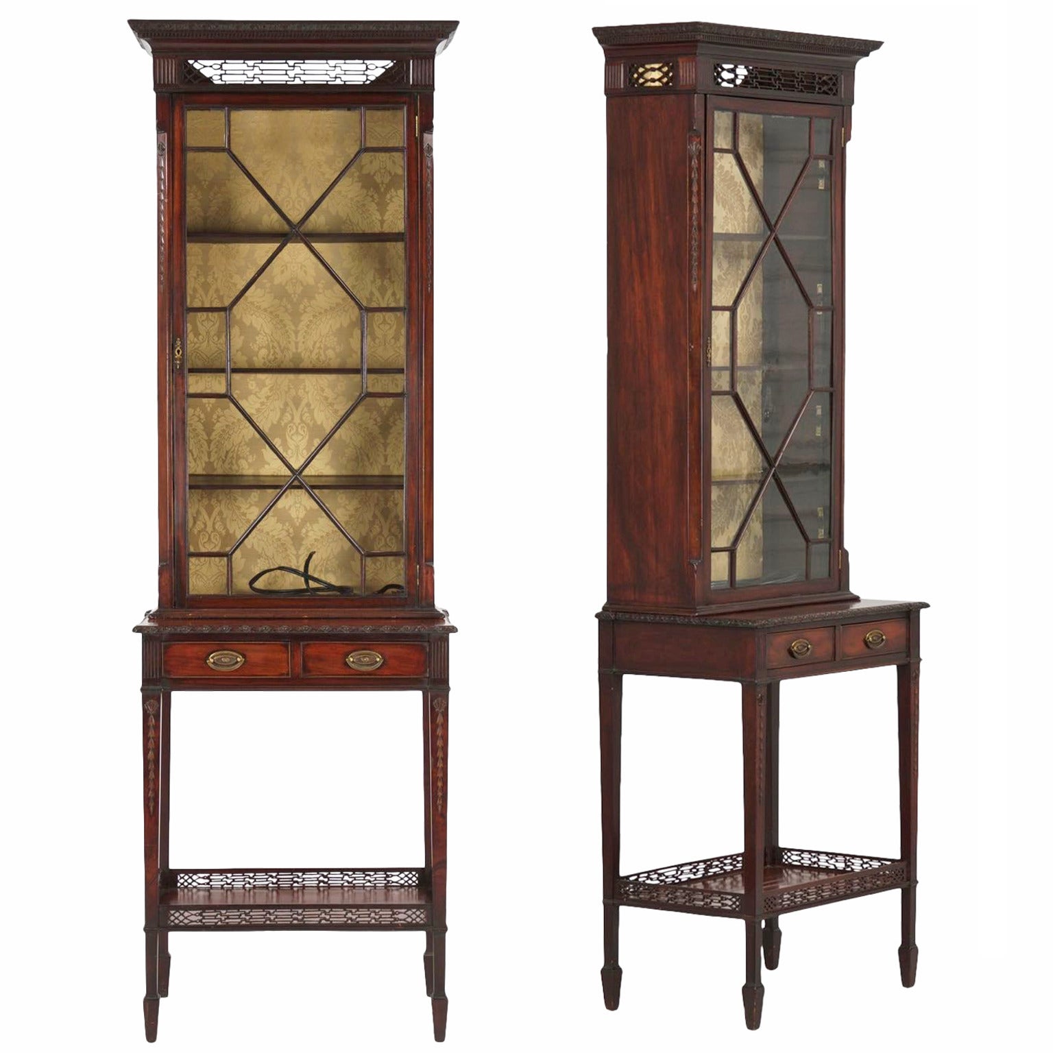 Rare Pair of Chinese Chippendale Style Curio Cabinets or Bookshelves, circa 1880