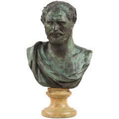 Classical Verdigris Bronze Bust of Roman Statesman, possibly Marcus Aurelius
