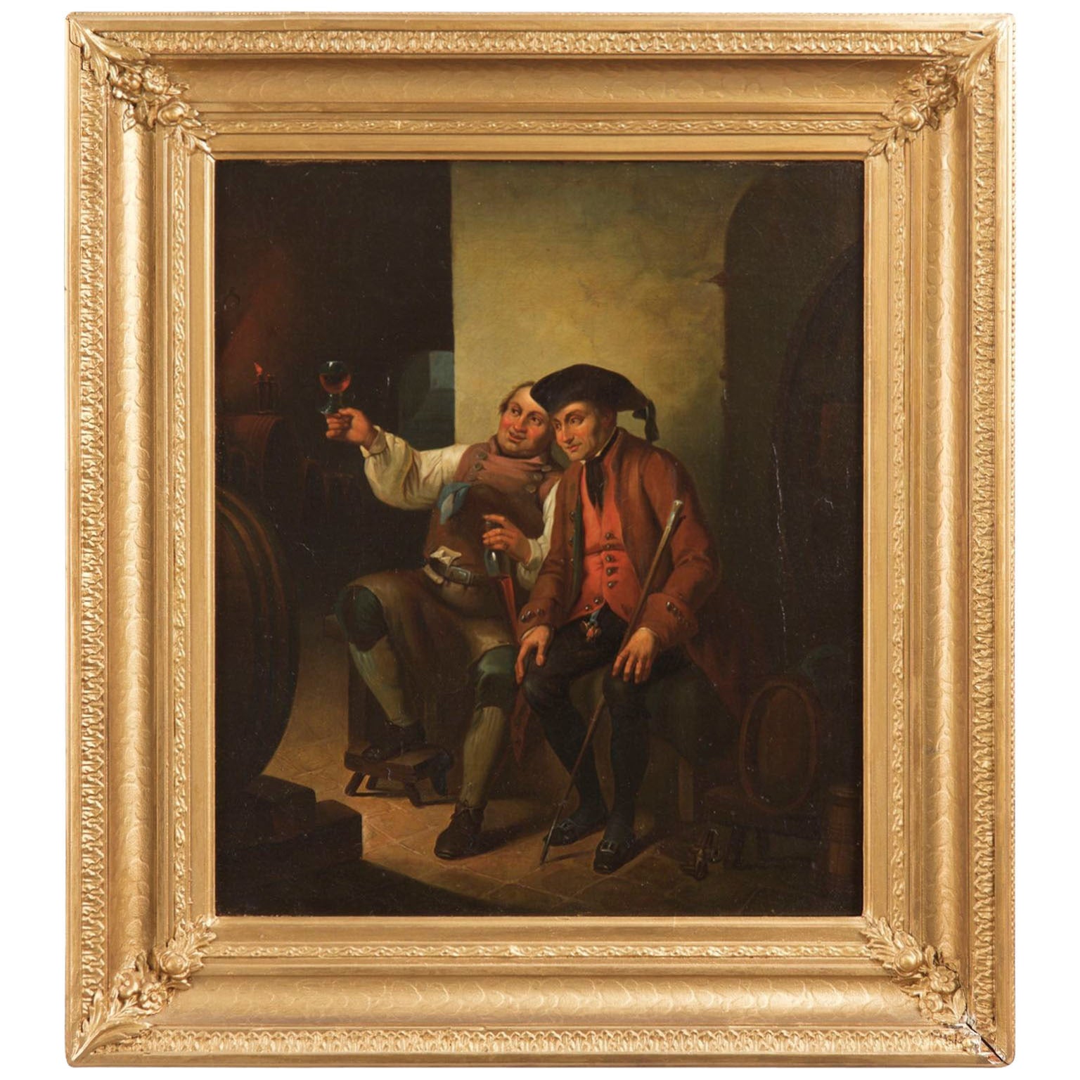 German School 19th Century Antique Oil Painting of Winemaker and Patron