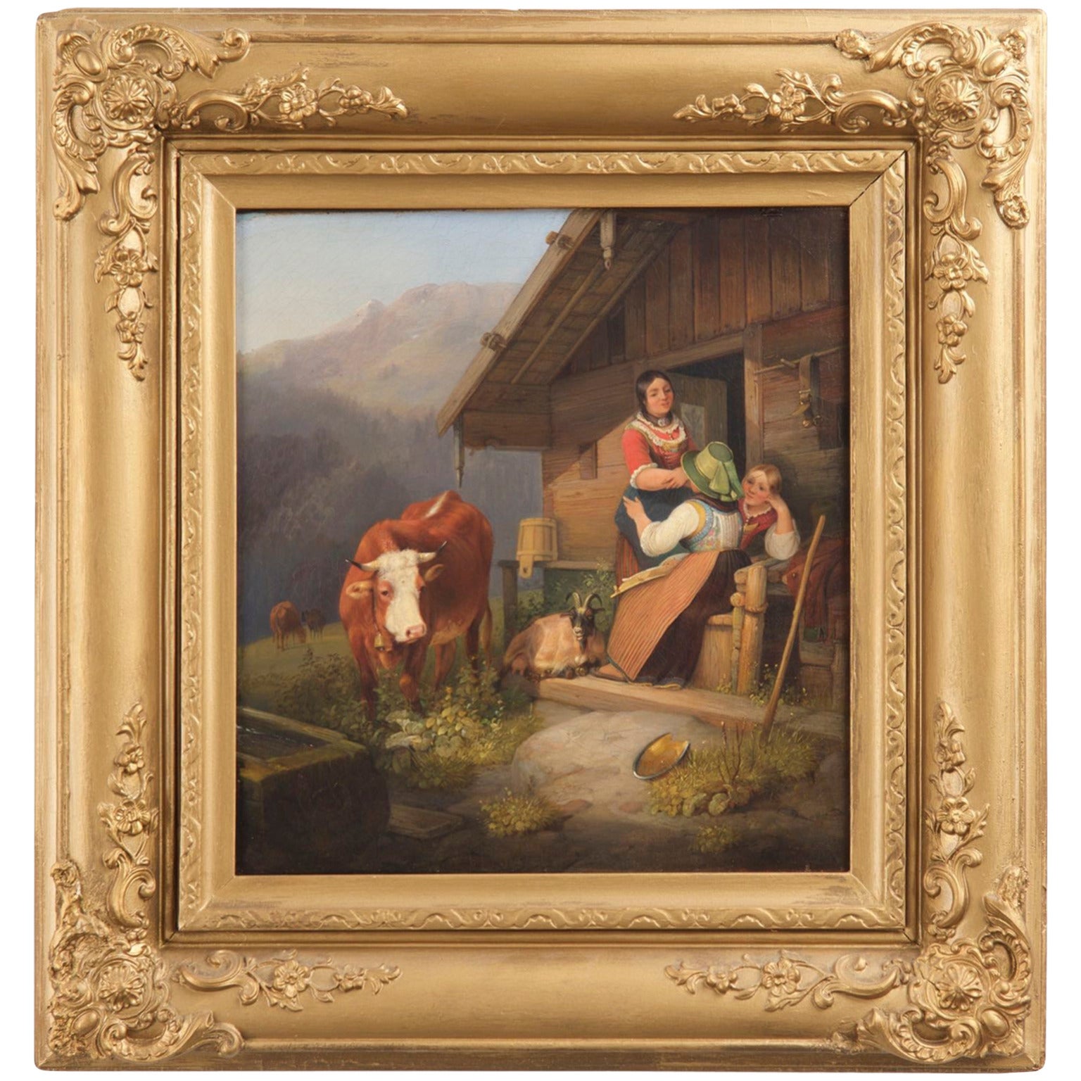 Sebastian Habenschaden Antique Oil Painting of an Alpine Scene, Signed